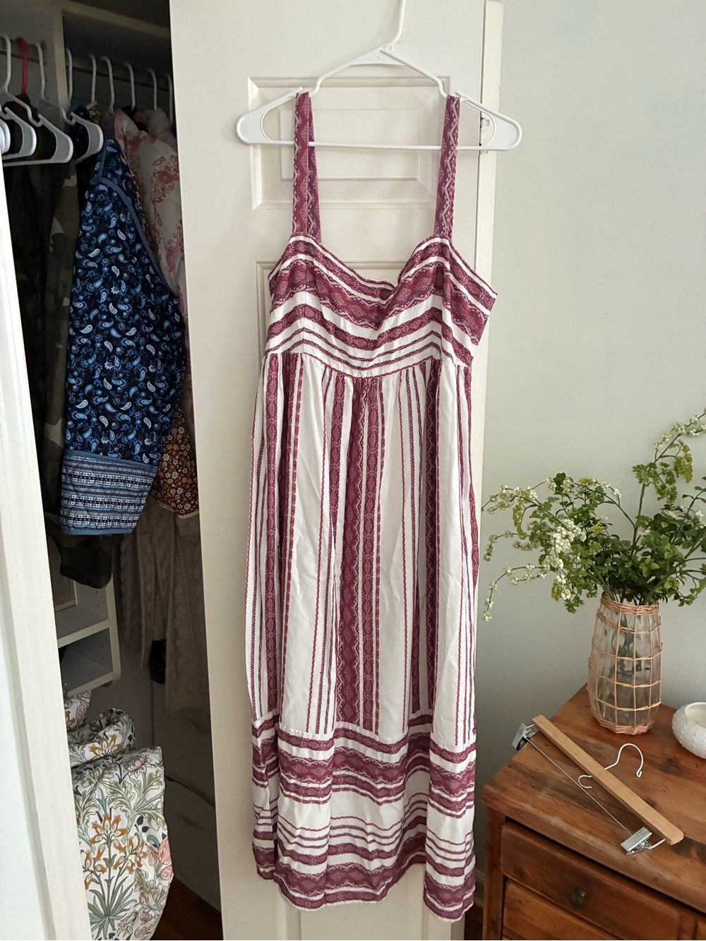 Maggy London White and Mauve Striped Maxi Dress